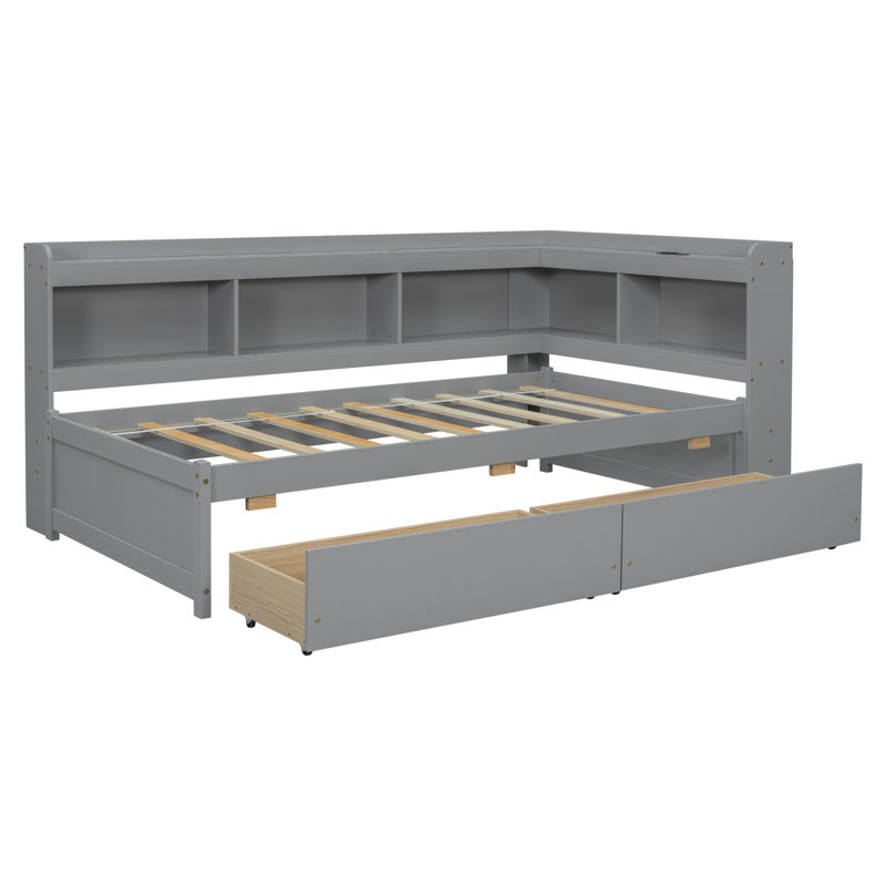 Lit-bibliothèque à 2 tiroirs en bois massif avec prises de courant et ports de charge USB, Simple, gris