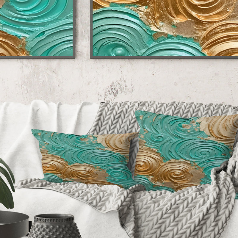 Teal Gold Surreal Spirals II - Abstract Spirals Printed Throw Pillow