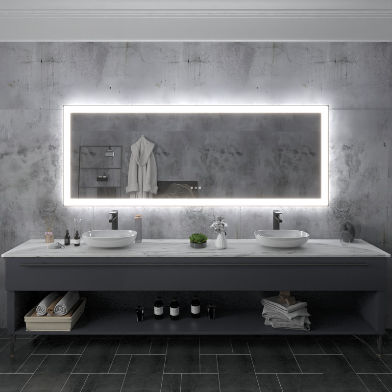 Miroir de salle de bain mural à DEL antibuée avec cadre rectangulaire noir avec fonctions de rétroéclairage et d'éclairage avant