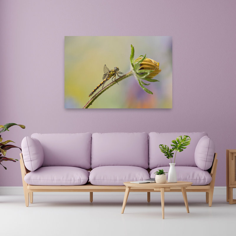 Dragonfly On Flower Bud Delicate Vibrant Dragonfly Flower Nature Wall Art Print by Massimo Chiodini - Print