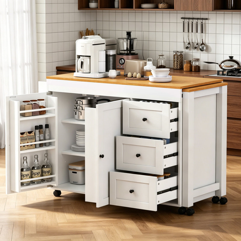 74.8" Kitchen Island With Extendable Dining Table, White