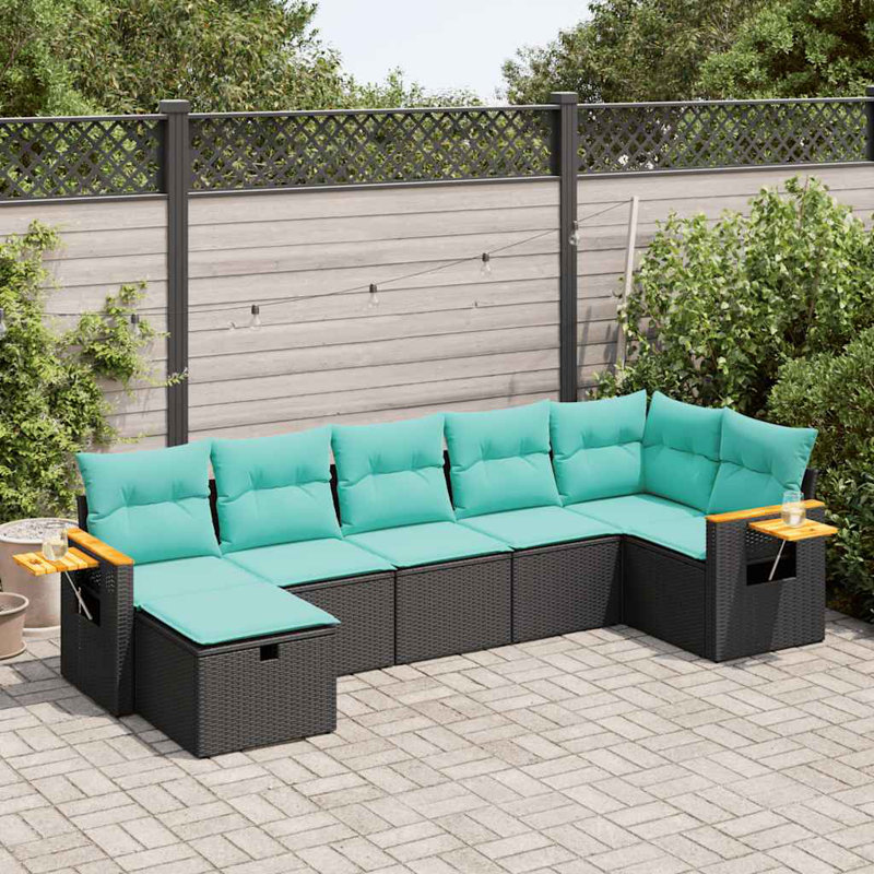  Ensemble de canapé de patio 7 pièces avec coussins en rotin de polyester noir
