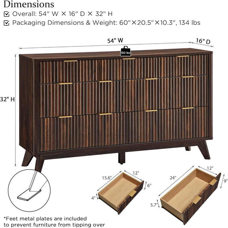 7-drawer Storage Dresser With Fluted Design, Dark Walnut