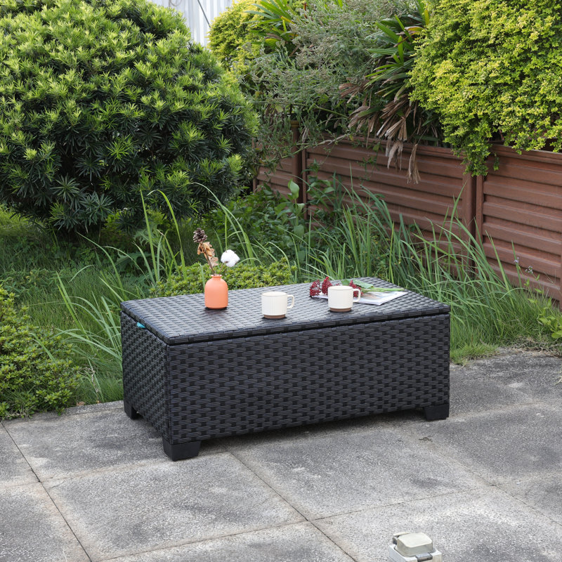 Outdoor Table with Storage Patio Table Wicker Coffee Table All-Weather Side Table Waterproof Cover, Black