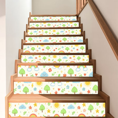 Papier peint à peler et coller pour enfants Papier contact Doodle coloré Arcs-en-ciel Couronnes Arbres Icônes fantaisistes Adhésif et amovible 17,7 po x 118 po (45 x 300 cm)