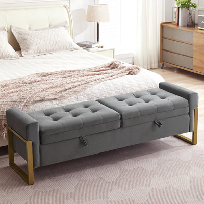 Drewes 66'' W Velvet Storage Bench for Bedroom End of Bed with Double Lids,Gold Legs