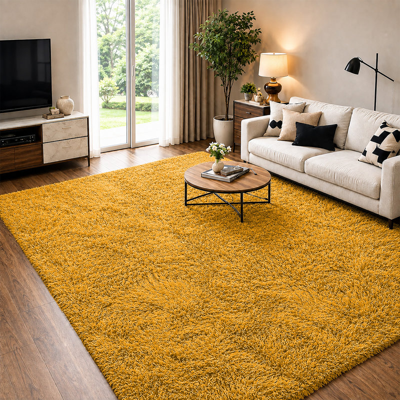 Soft Fluffy Living Room Large Area Rug, Rectangle 120 x 170 cm, Ochre