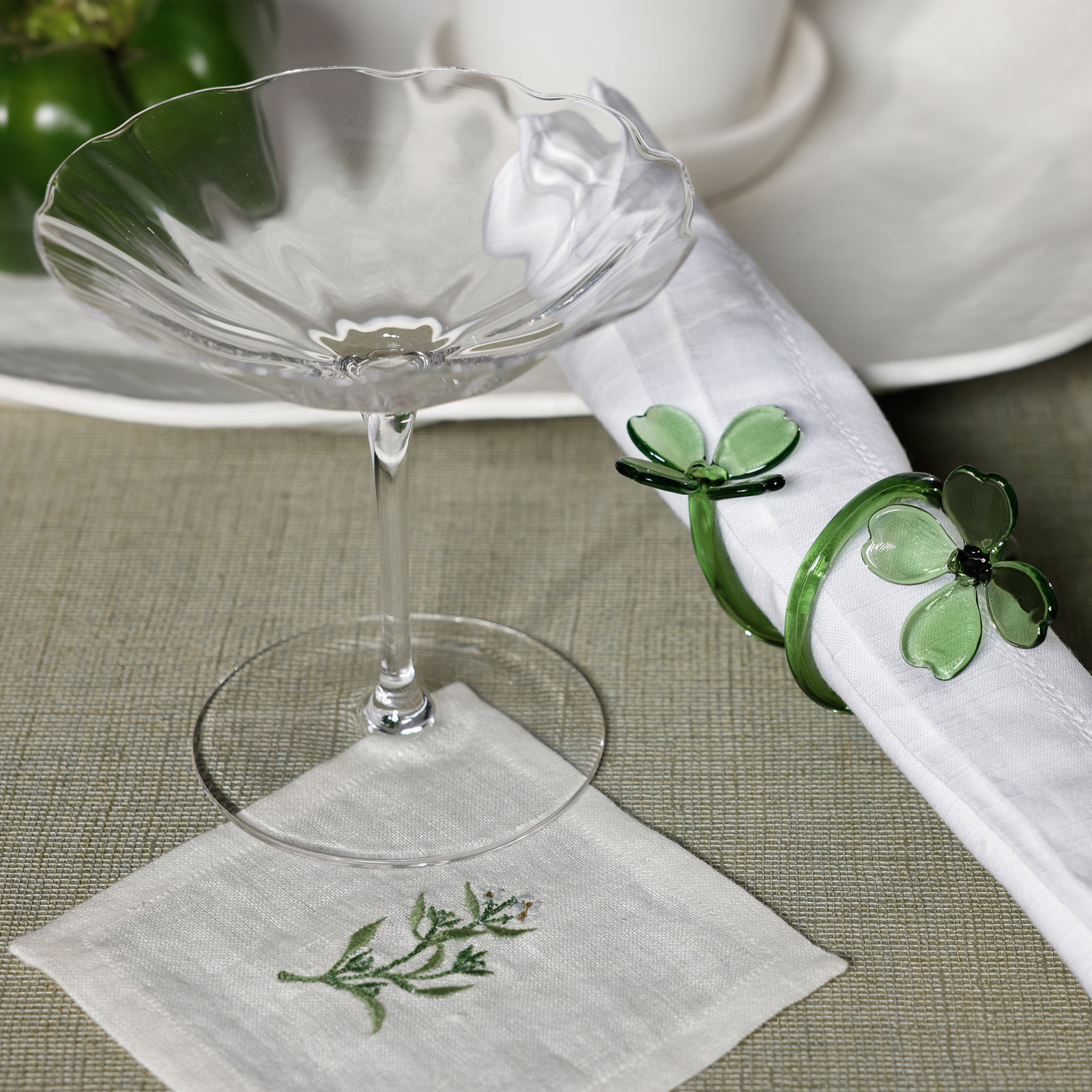 Botanica Glass Flower Napkin Rings, Green
