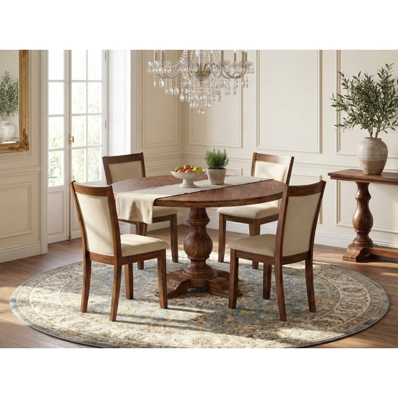 Ensemble de table de cuisine 5 pièces comprenant une table à piédestal et 4 chaises de cuisine en lin beige clair avec dossier rembourré - Noyer antique