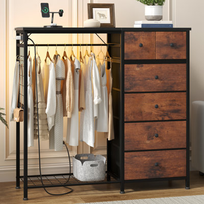 6-Drawer Storage Dresser with LED Lights, Hanging Rack & Charging Station