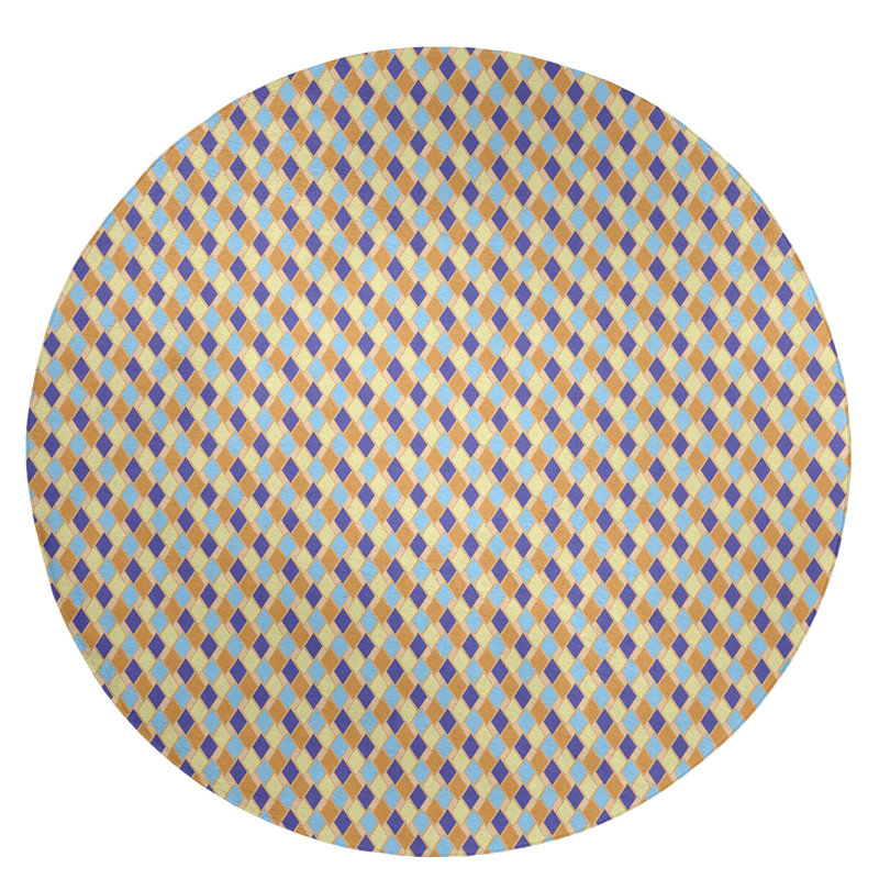 Tapis jaune/mauve rétro diamants, Rond 5 pi