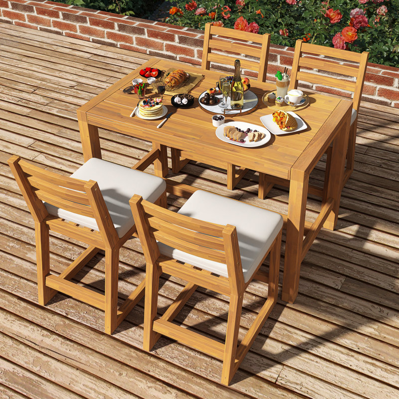 5-Piece Rustic Patio Bar Set Table and Chairs Set with Ergonomic Chairs｜Removable Cushion（Light Teak+Beige）｜Solid Wood Slatted Tabletop for Poolside, Balcony, Backyard, Porch