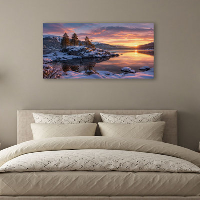 Canvas Wall Art Snowy Winter Landscape Pine Trees Sunset Reflection Mountain Lake Wall Decor for Living Room Bathroom Bedroom Office 20"H x 40"W Art P