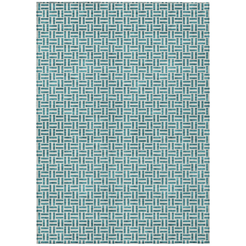 3' X 5' Teal Blue And Silver Geometric Washable Indoor Outdoor Area Rug