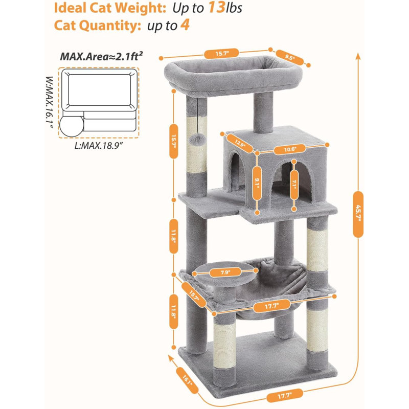 Gray Multi-Level Cat Tree with Sisal Posts and Hammock