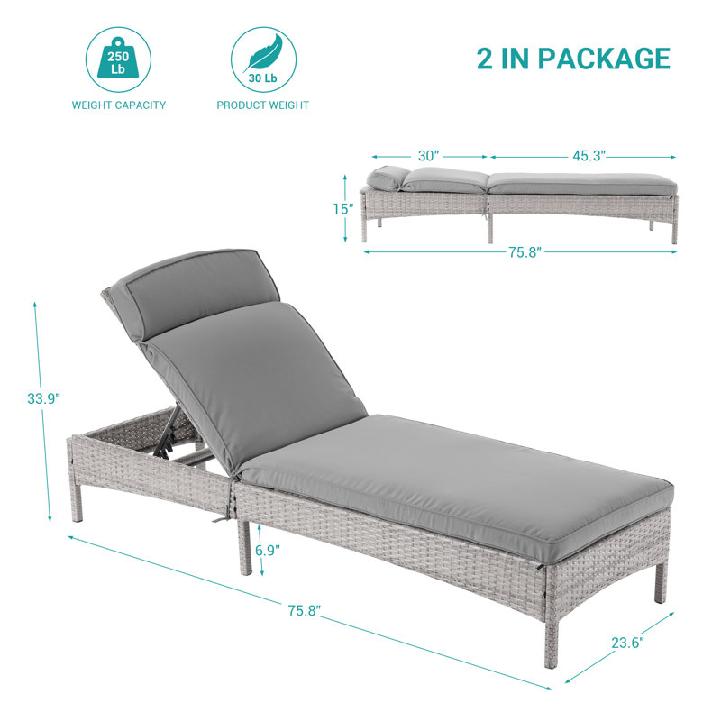 Ensemble de chaises longues inclinables avec coussin Lorise (ensemble de 2), Gray