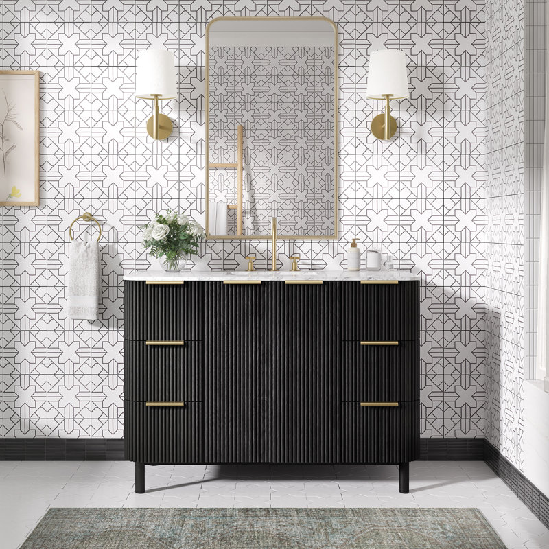 Nova 48" Marble Top Single Sink Vanity, Black Reeded Birch
