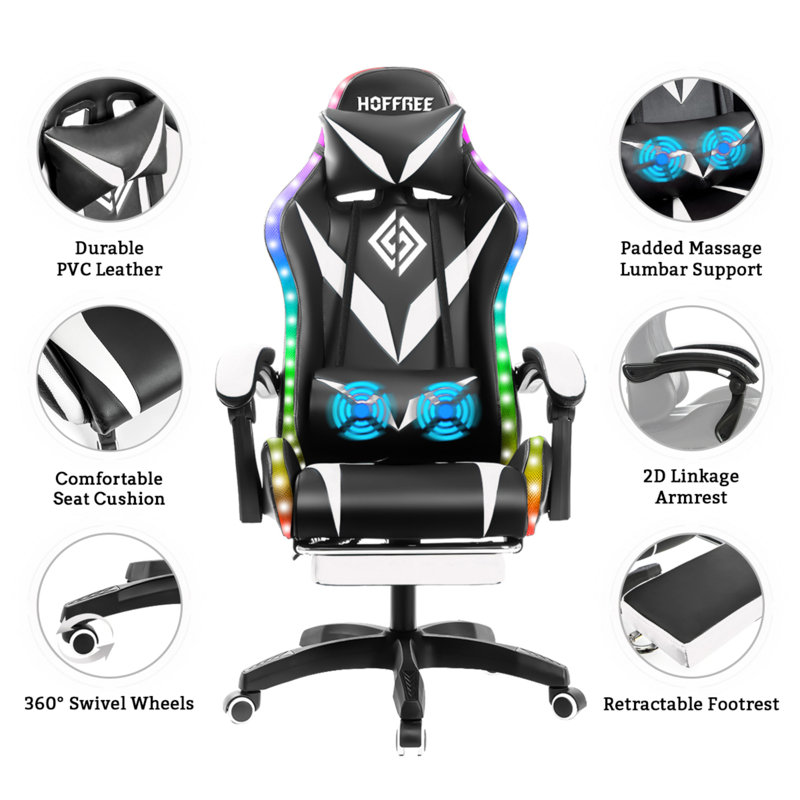 Ivy Bronx Adjustable Reclining Ergonomic Faux Leather Swiveling PC & Racing Game Chair with Footrest, White/Black