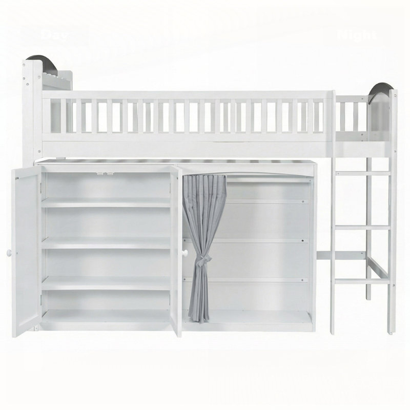 Loft Bed With Storage Cabinet, Wardrobe And LED, Twin, White