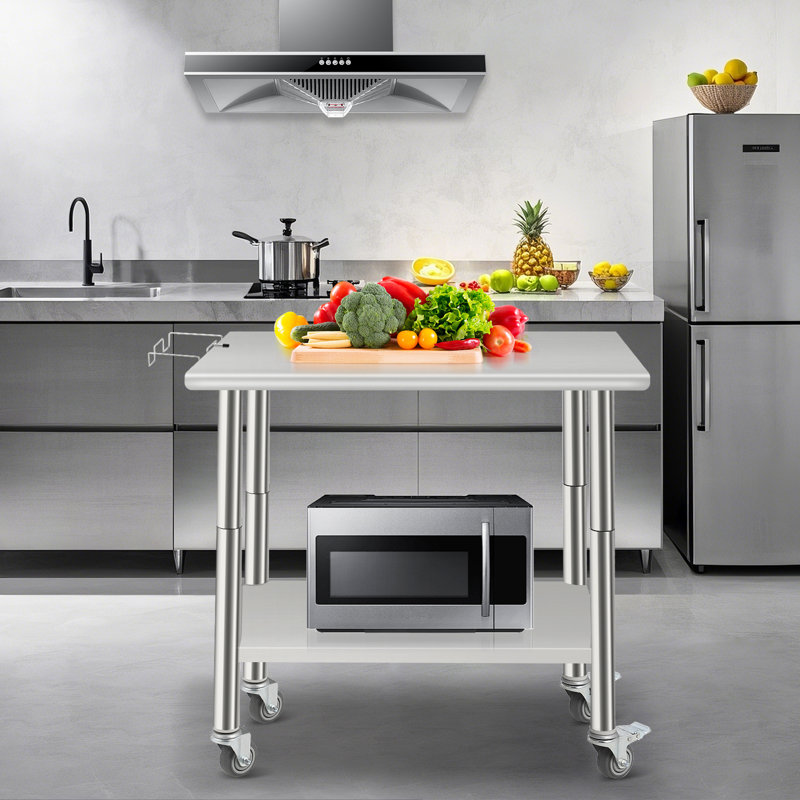 Table de travail en acier inoxydable pour le brassage, table de préparation robuste avec dessous réglable à double couche, support à poubelle amovible, roues, bord incurvé, sans dosseret - 36 * 24 * 35 pouces, avec roulettes