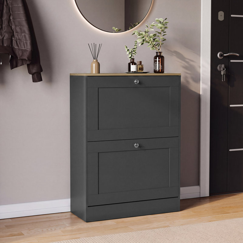 2 Drawer Shoe Cabinet with Top Modern Shoe Storage For Hallway Living Room & Bedroom, Charcoal Grey