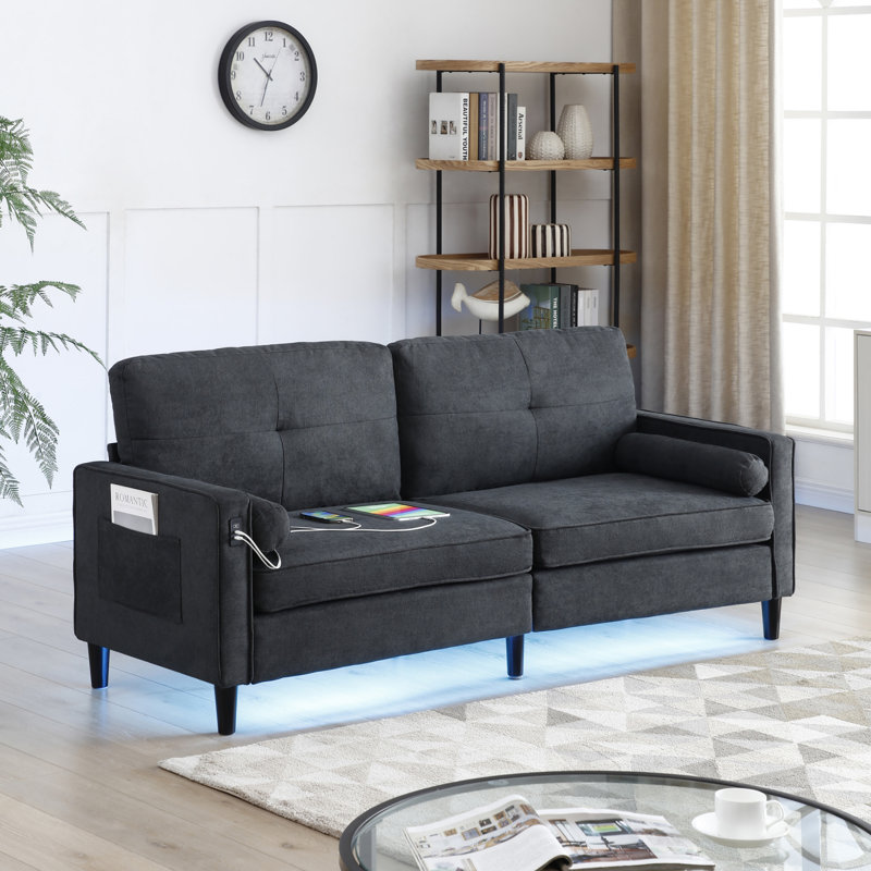 Canapé moderne de 75,2 po avec 2 poches latérales, canapé avec 2 ports USB sur l'accoudoir, ensemble de canapés électriques à DEL