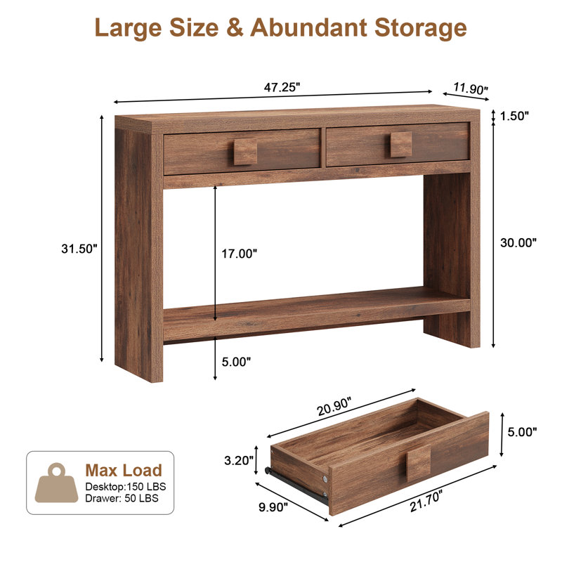 47.3" Wood Console Table With 2 Drawers, Sofa Table For Hallway, Entryway, Living Room, Brown, 31.5" H x 47.3" W x 11.9" D