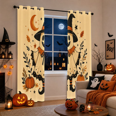 2Pcs Cute Ghost Halloween Blackout Curtains, Whimsical Witch Hat and Pumpkin Window Drapes, Festive Autumn Decor for Living Room Bedroom Holiday