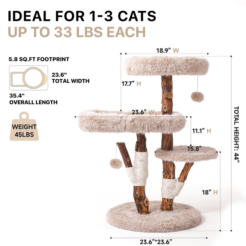 Artisan Solid Wood Cat Tree with Luxe Faux Fox Fur, Heavy Duty Tower for Large Cats, 44" H, Beige