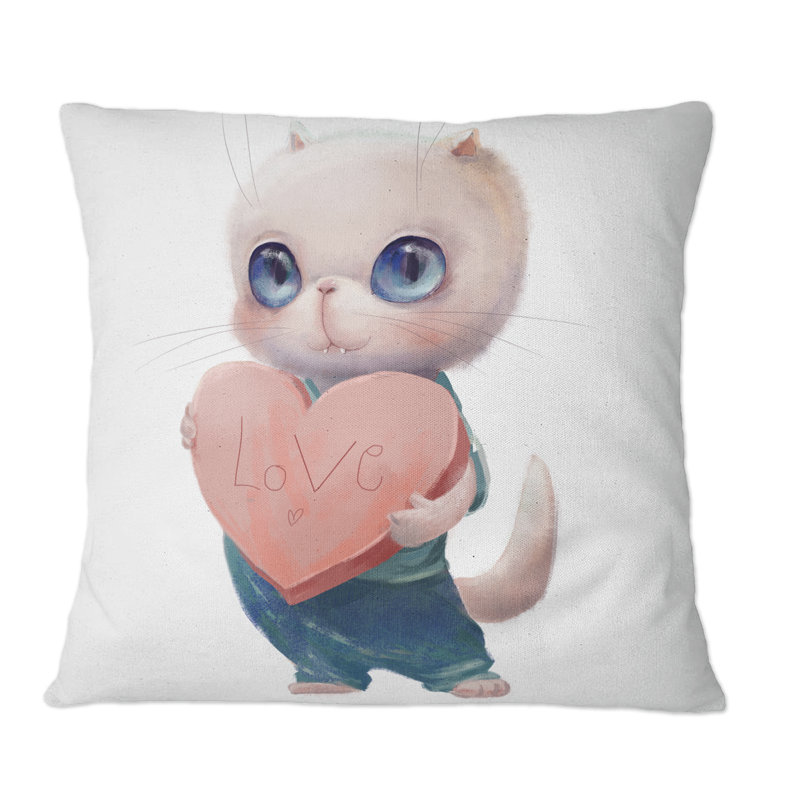 Mignon chat blanc avec cœur - Coussin décoratif pour enfants, 16 po x 16 po