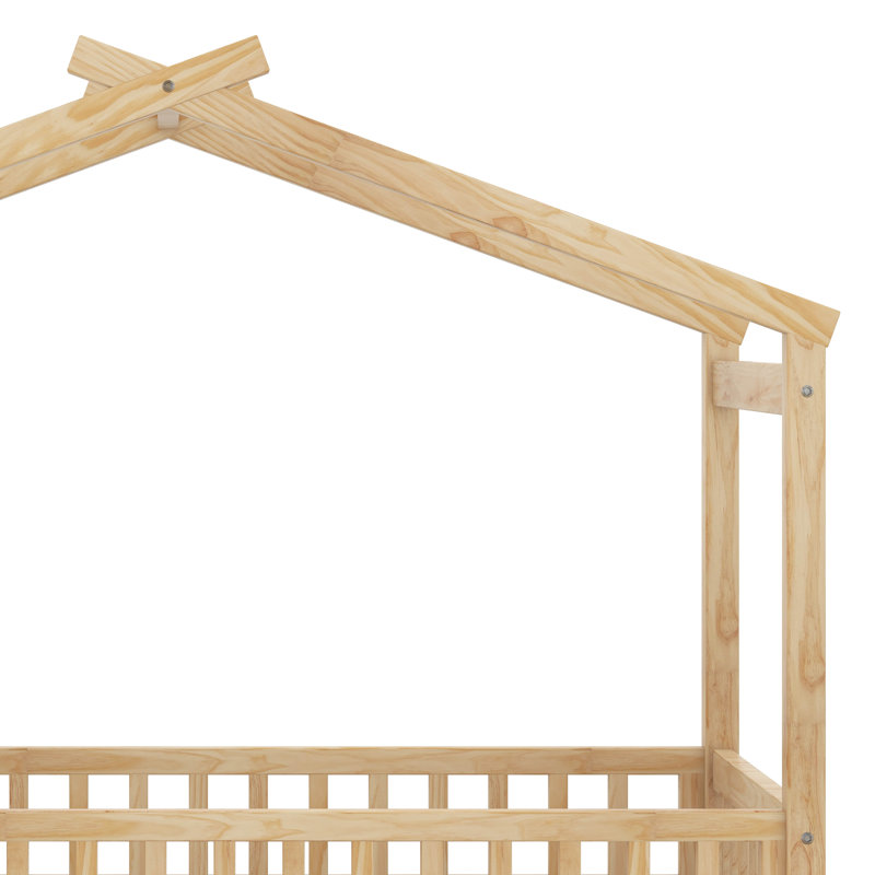Twin Size Wooden House Bed With Fence, Wood Bed Frame With Roof And Safety Guardrail For Kids, Teens, Boys Or Girls, Natural