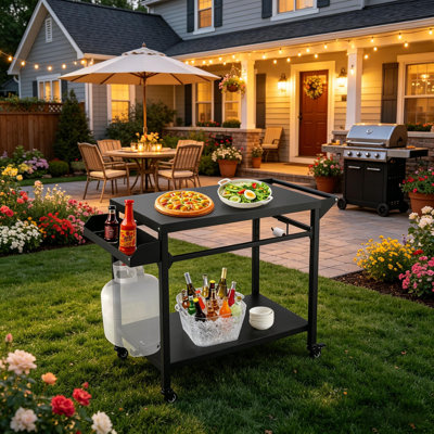 Grill Cart with Lockable Wheels, Storage Tray, Side Handle for Patio, Backyard, Camping