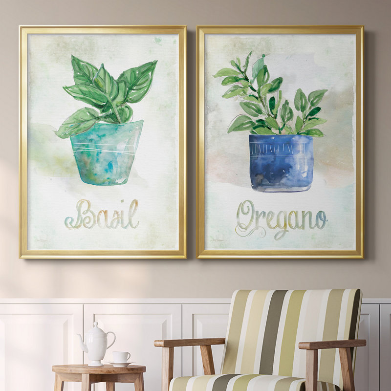 Basilic en pot - Ensemble de 2 peintures sur toiles, H 26,5 po x l 73 po x P 1,5 po, Toile avec cadre doré