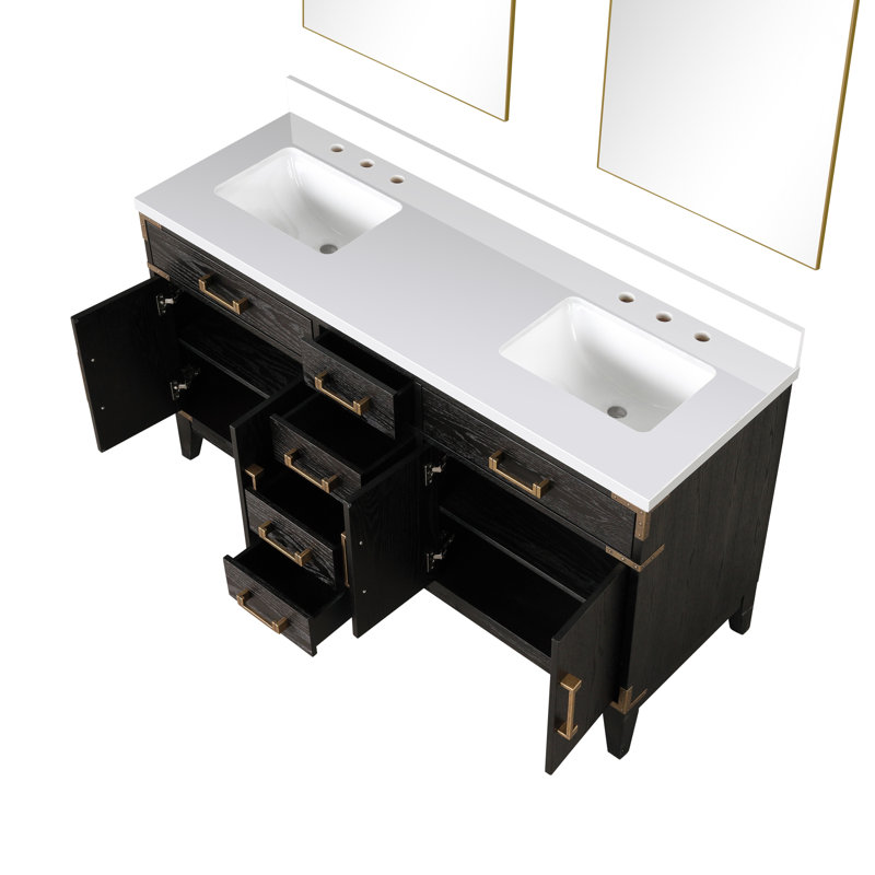 Miroirs de salle de bain double l 60 po x P 22 po Laurel, Chêne gris, Quartz blanc