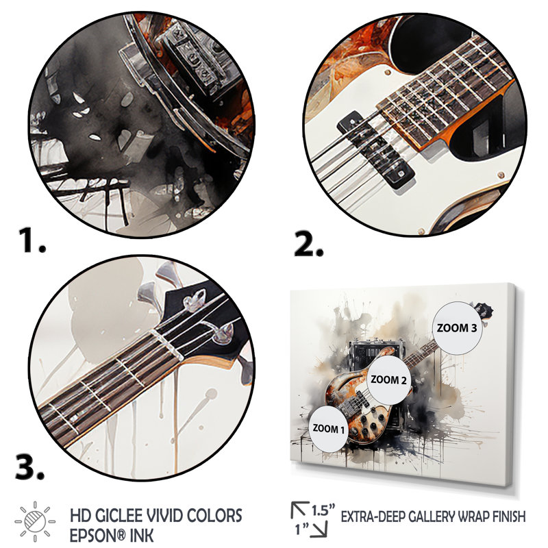 «Brown Charcoal Guitare», art mural sur toile, H 24 po x l 32 po x P 1 po, Cadre flottant noir