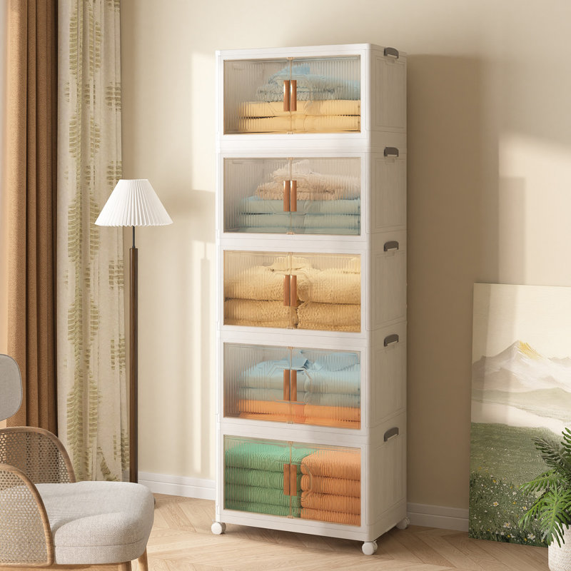 5 Pack Stackable Storage Bins Folding Organizer Boxes Collapsible Closet With Doors Wheels Lids