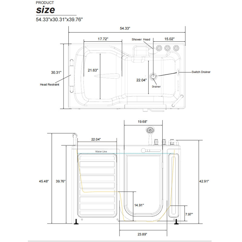Empava White Acrylic Walk-In Soaking Bathtub with Handrails