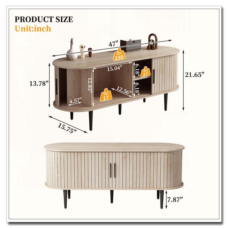 47" Modern TV Stand with Cabinet, Natural Wood