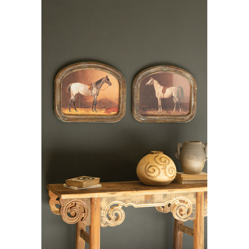  Art mural mural H 16 "- Cheval encadré, impression sous verre rustique, ensemble de 2