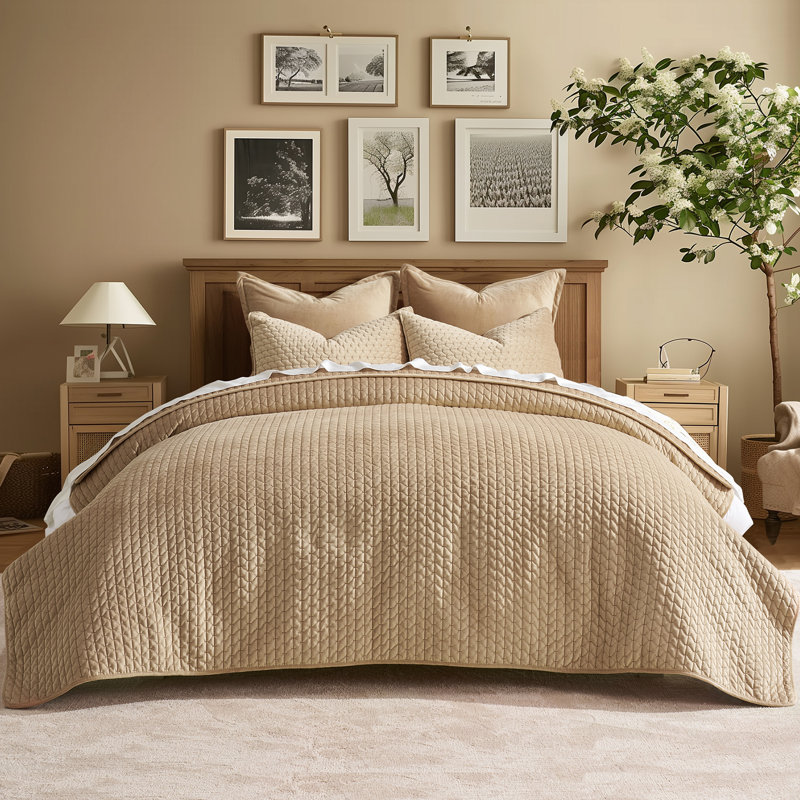 Cross-Stitch Velvet Quilt Set 3 Pieces, Light Taupe, King