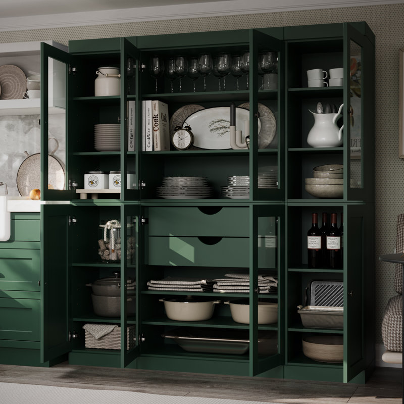Vaisselier 100% bois massif 65 po avec verre transparent, portes Shaker, 2 tiroirs et tablettes réglables, Vert