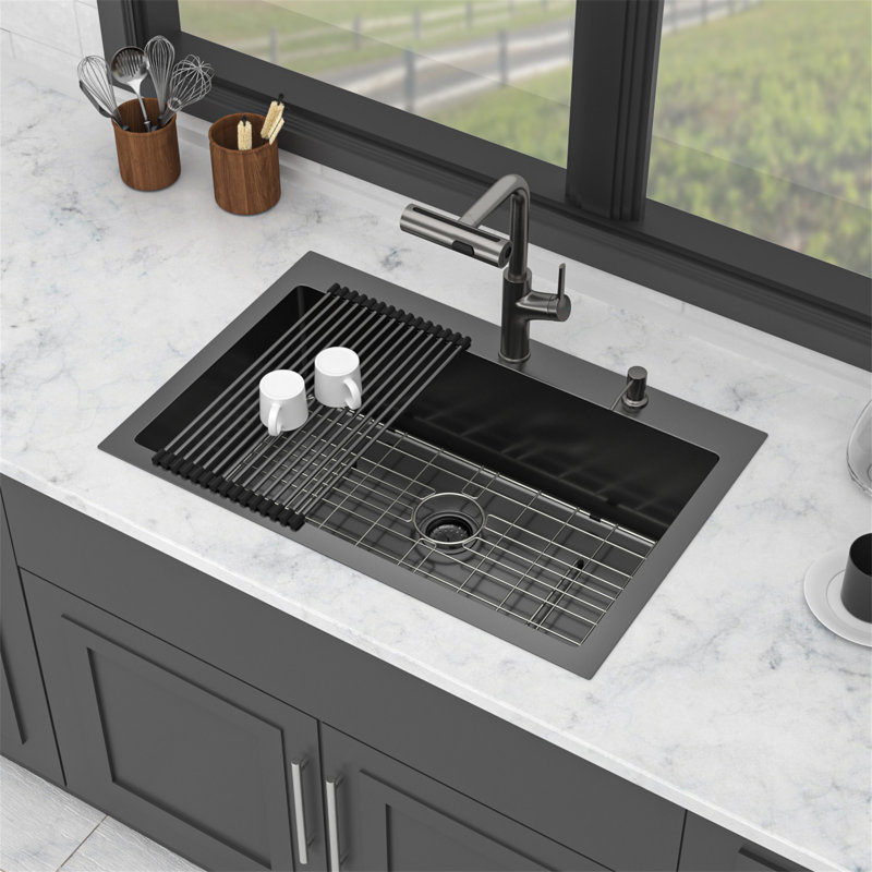 30" Drop-In Gunmetal Black Kitchen Sink With Pull-Out Faucet And Soap Dispenser - 30 X 22 X 10 Inch Single Bowl 16 Gauge Stainless Steel Topmount Kitchen Sink Basin