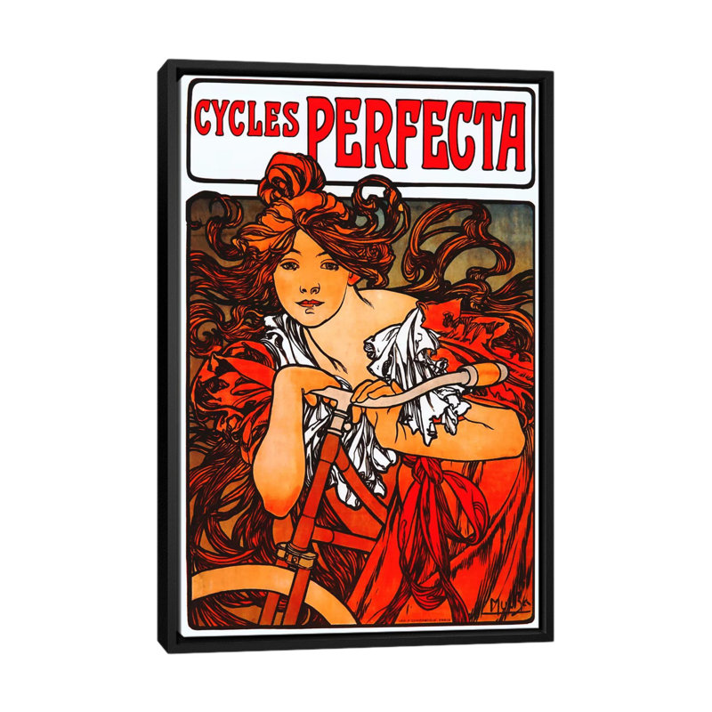 « cycles perfecta » par alphonse mucha, affiche rétro sur toile, H 26 po x l 18 po x P 1,5 po, Toile avec cadre noir