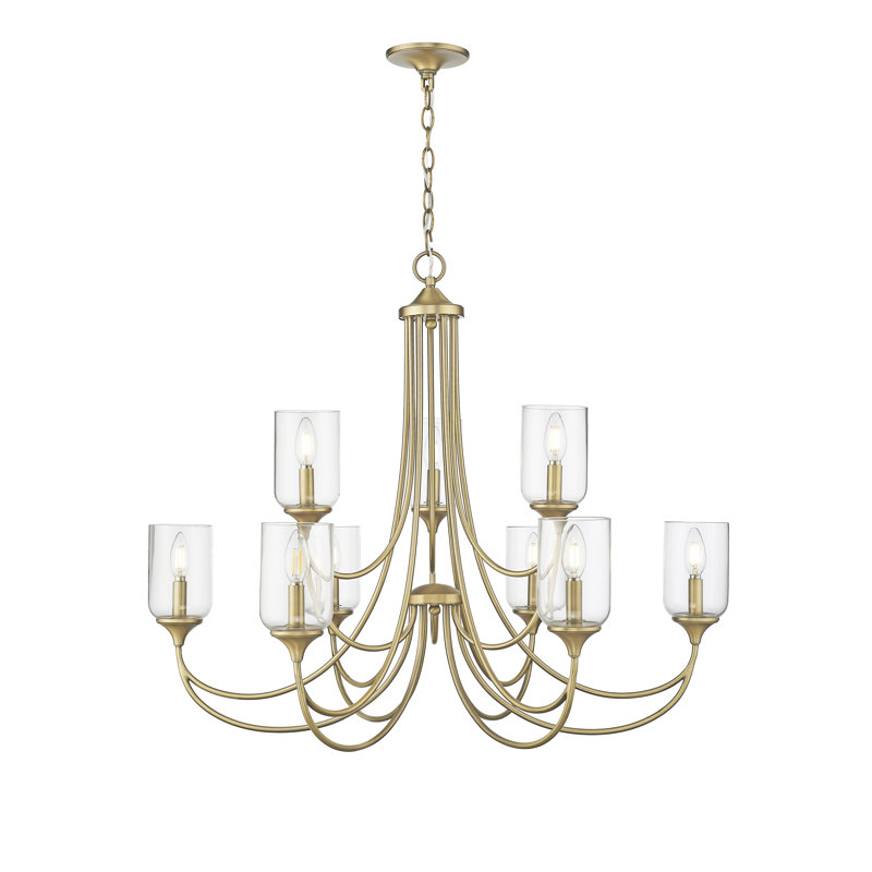 Lustre 9 lumières avec abat-jour en verre transparent Millennium Lighting Waddingham, Laiton rétro