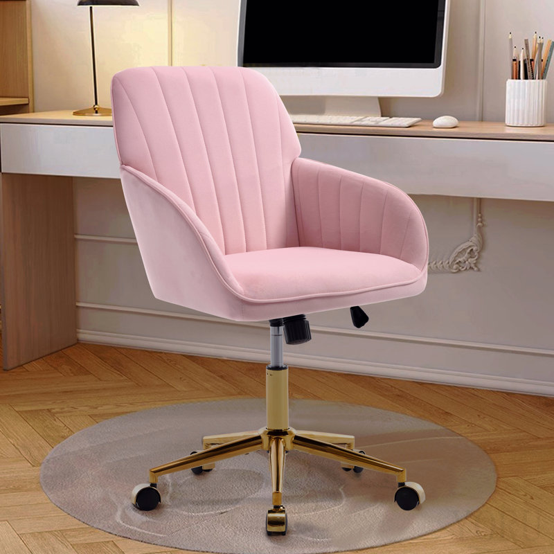 Adjustable Office Chair, Home Bedroom, Ergonomic Swivel Chair, Backrest Seat, Comfortable For Long Sitting, Pink, Gold