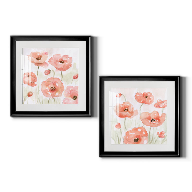 Spring Poppies I - Peinture encadrée sur papier, Papier encadré noir, Blanc, H 17,5 po x l 35 po x P 1,5 po