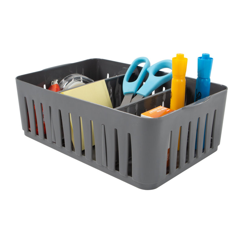 Medium Gray Plastic Stackable Organizer Bin with Adjustable Dividers