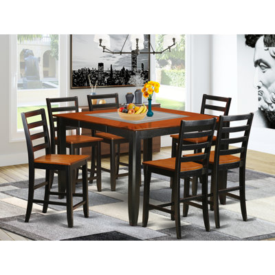 7 Piece Kitchen Counter Height Dining Table Set Consist of a Square Pub Table with Pedestal and 6 Dining Room Chairs, 54x54 Inch, Black & Cherry