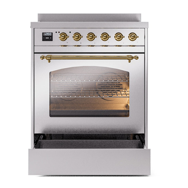 Cuisinière à induction 30 pouces avec 4 plaques à induction ILVE Nostalgie II Series, Acier inoxydable / laiton