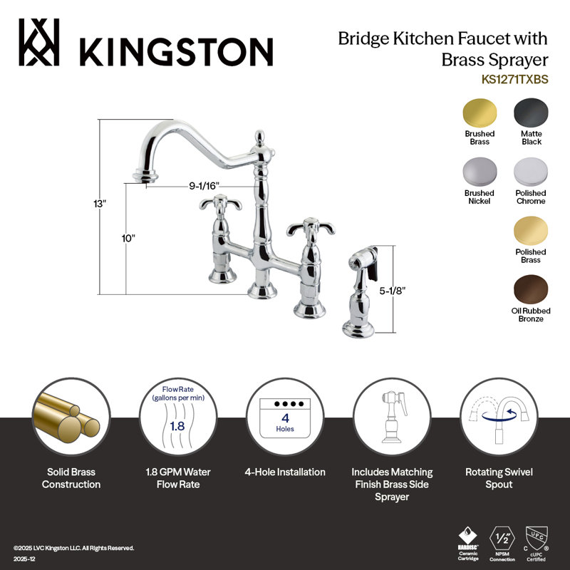 Robinet de cuisine à deux poignées Kingston, Avec douchette latérale, Noir mat